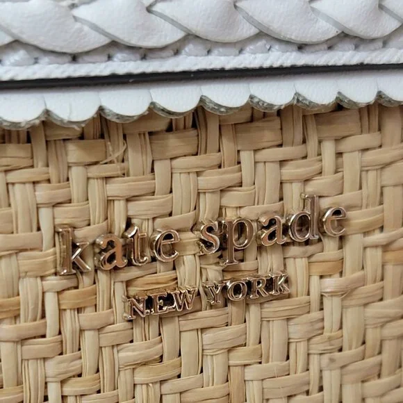 Kate Spade ♠️ White Leather & Woven Straw Dome Satchel Crossbody Gold Hardware - Picture 4 of 14